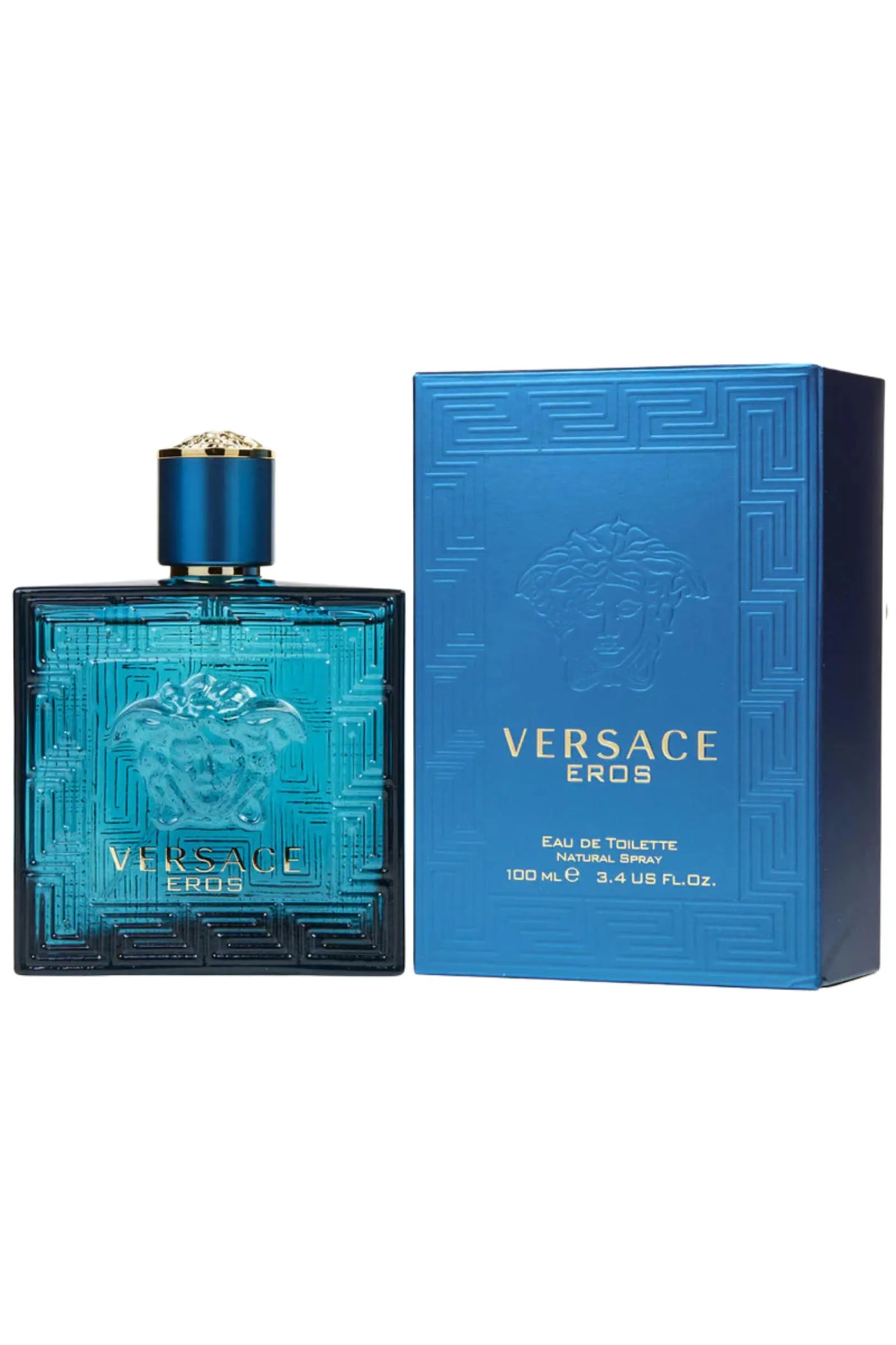 Versace Eros perfume bottle and packaging on a white background